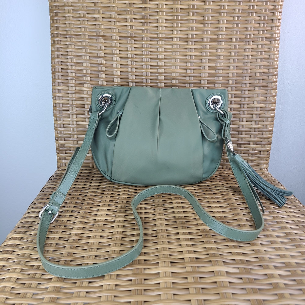 Vince Camuto Crossbody Shoulder Bag Green Nylon Leather Strap And Tassel Accent
